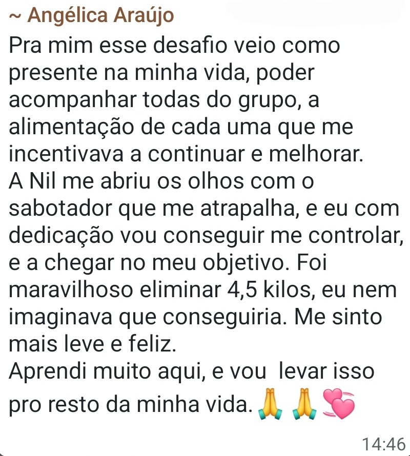 Depoimento real de participante enviado por WhatsApp
