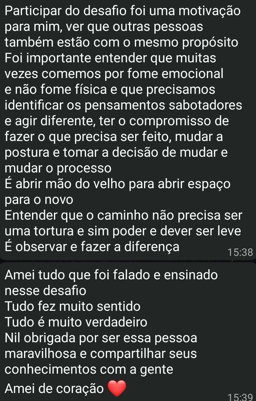 Depoimento real de participante enviado por WhatsApp