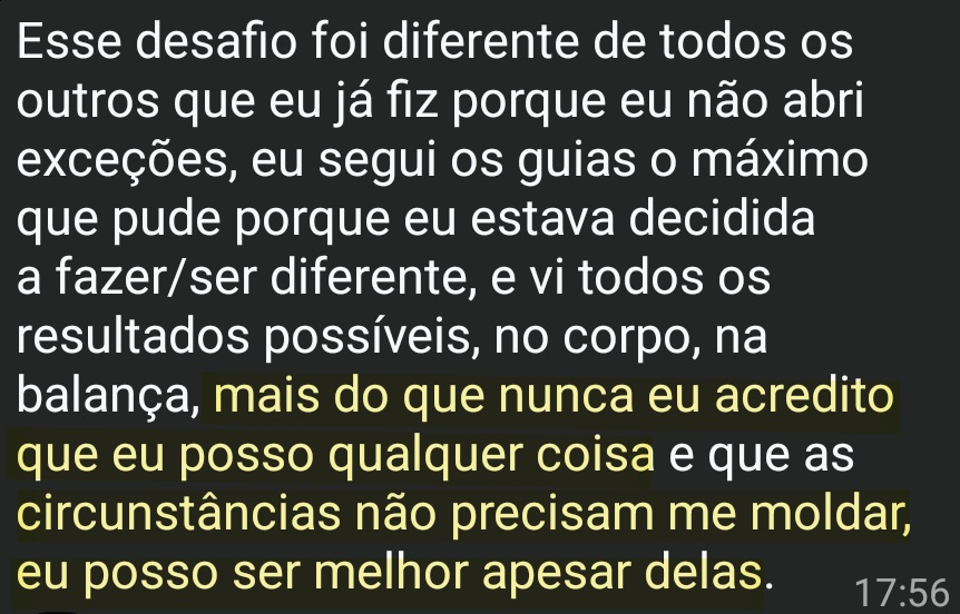 Depoimento real de participante enviado por WhatsApp