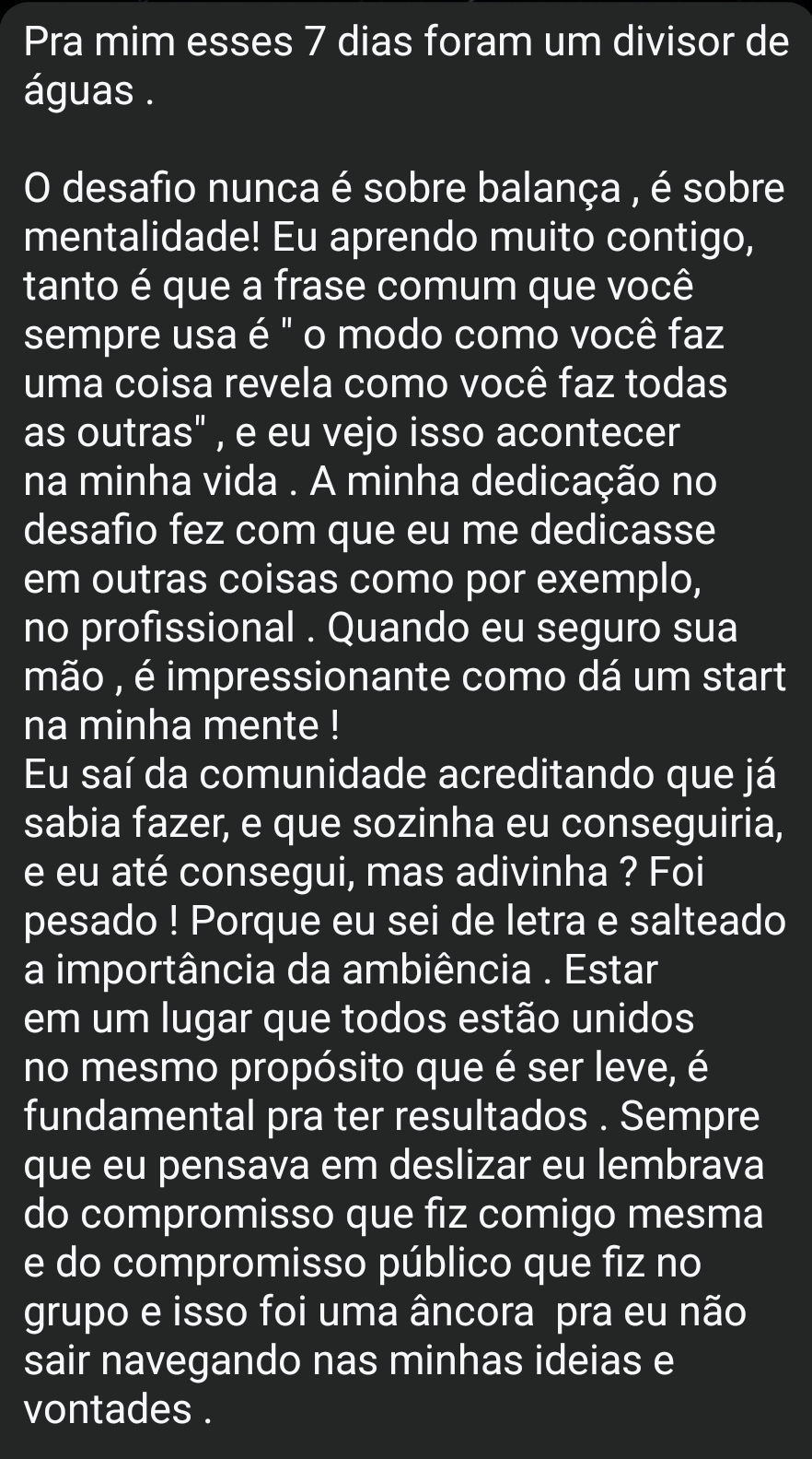 Depoimento real de participante enviado por WhatsApp