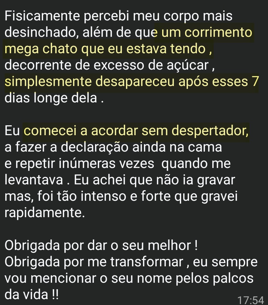 Depoimento real de participante enviado por WhatsApp