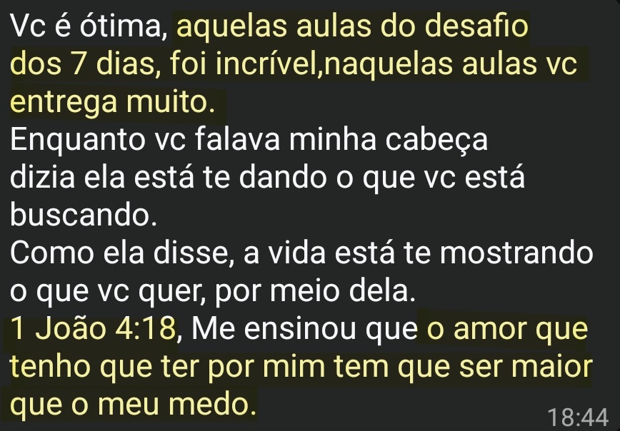 Depoimento real de participante enviado por WhatsApp